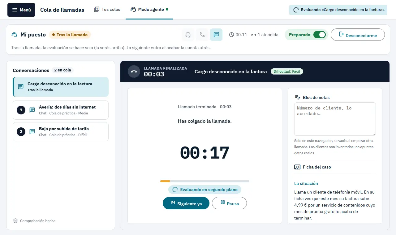 Tras colgar: la cuenta atrás hasta la siguiente y la evaluación, que se hace sola.